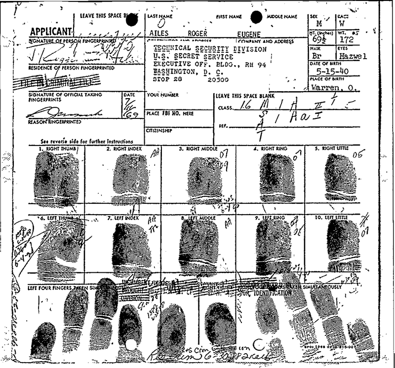 Copies of Roger Ailes fingerprints taken by the US Secret Service in August 1969.